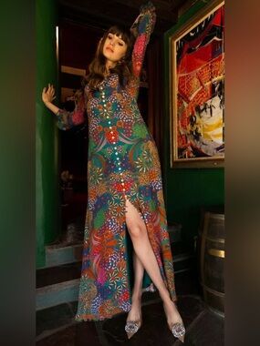 Hale Bob Green Multi-Color Floral Maxi Dress with Front Slit